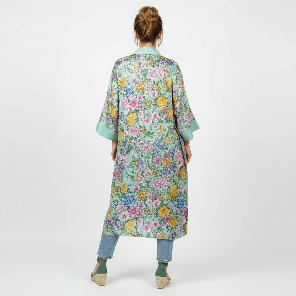 Kimono largo de semiseda verde mar con flores 2 Julunggul