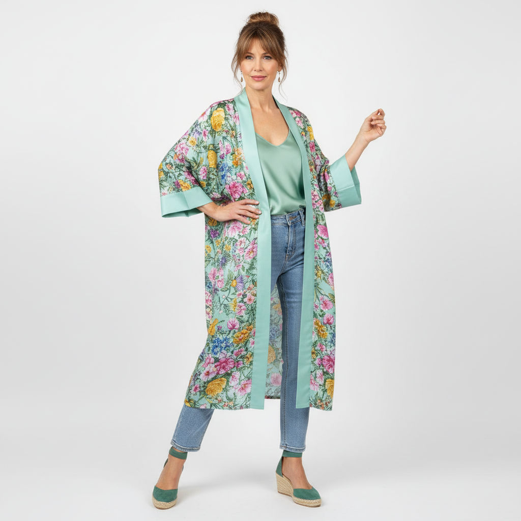 Kimono largo de semiseda verde mar con flores Julunggul