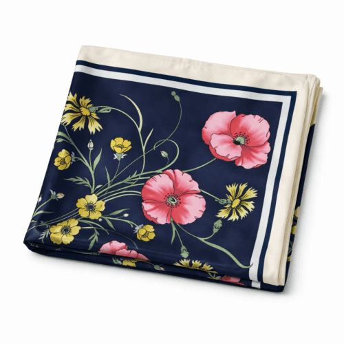 Pañuelo de semiseda grande azul marino y blanco con flores 130x130 cm 1 Julunggul (1)