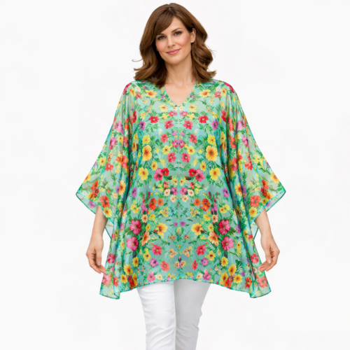 caftan de seda natural para embarazadas verde mar con flores