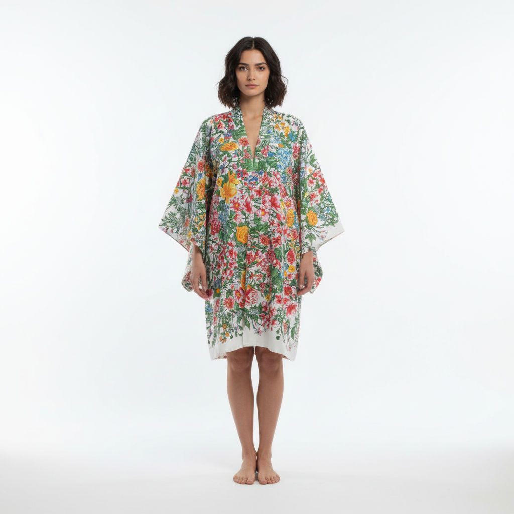caftán de semiseda beige con flores de colores Julunggul