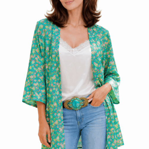Kimono corto de seda turquesa estampado Julunggul