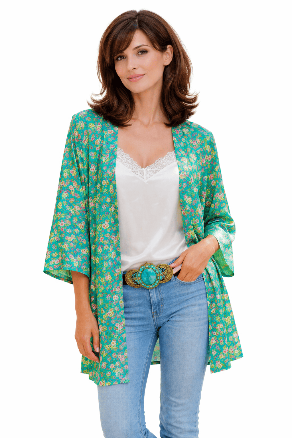 Kimono corto de seda turquesa estampado Julunggul