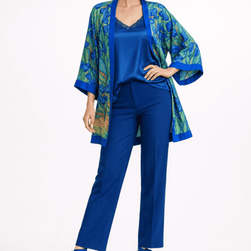 Kimono corto de semiseda verde y azul los lirios de Van gogh