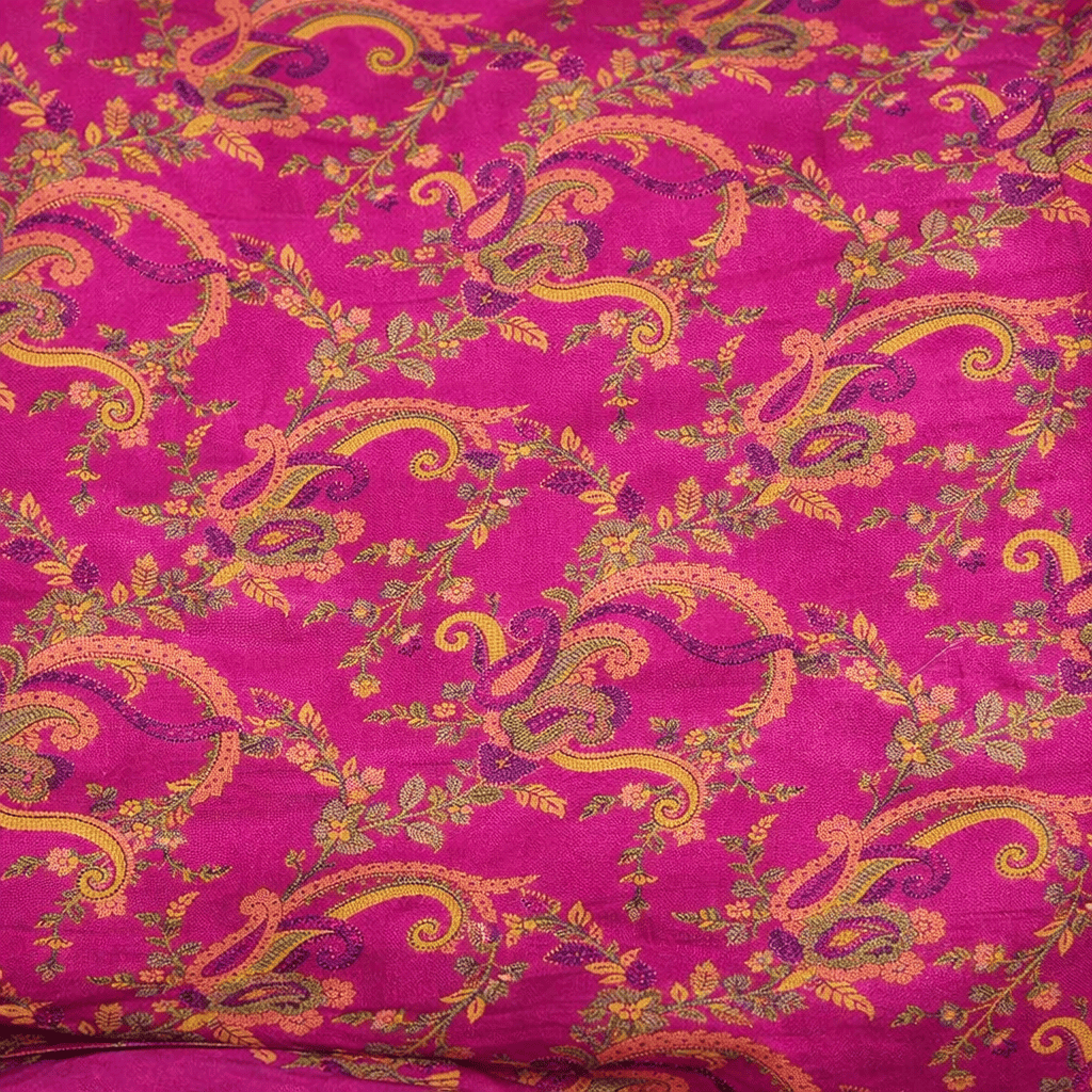 Tela de seda natural fucsia con cachemires amarillos Julunggul