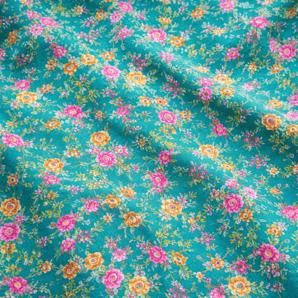 Tela de seda natural verde turquesa con flores rosa y amarillo