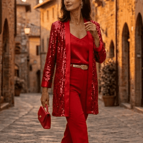 Chaqueta de lentejuelas roja y top de seda lencero a juego rojo para fiesta y boda de Julunggul