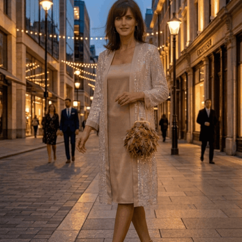 Chaqueta larga o kimono de lentejuelas con vestido de tirantes lencero de seda a juego color piedra de Julunggul