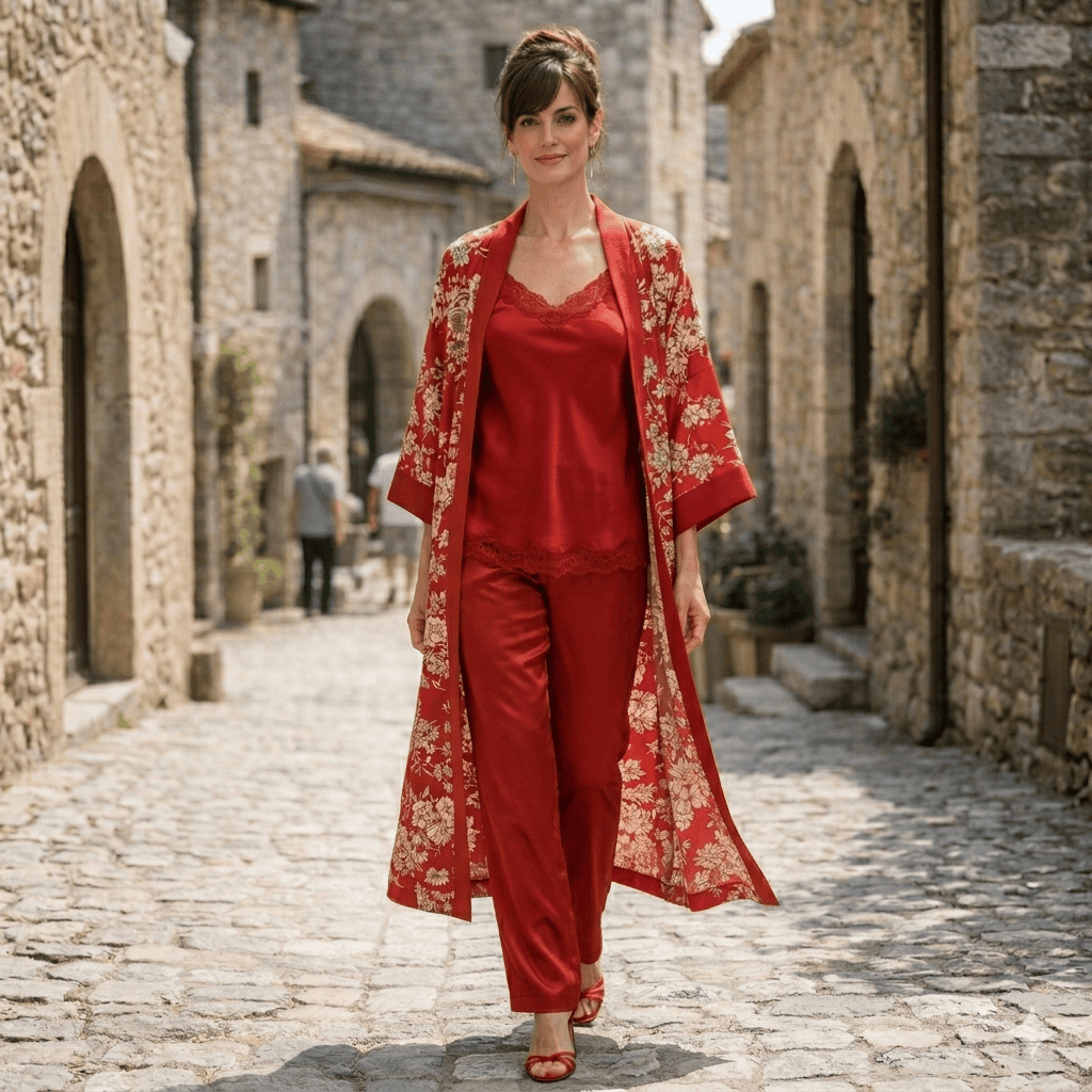 Kimono de seda largo de fiesta exclusivo de Julunggul, a medida, rojo con flores beige
