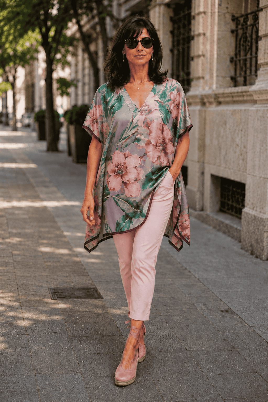 Caftan de seda estrecho malva, rosa y verde de flores para mujer elegante de fiesta de Julunggul