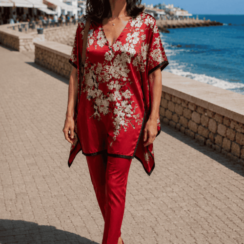 Caftan de seda estrecho rojo con flores beige para playa, aclle y fiesta de Julunggul