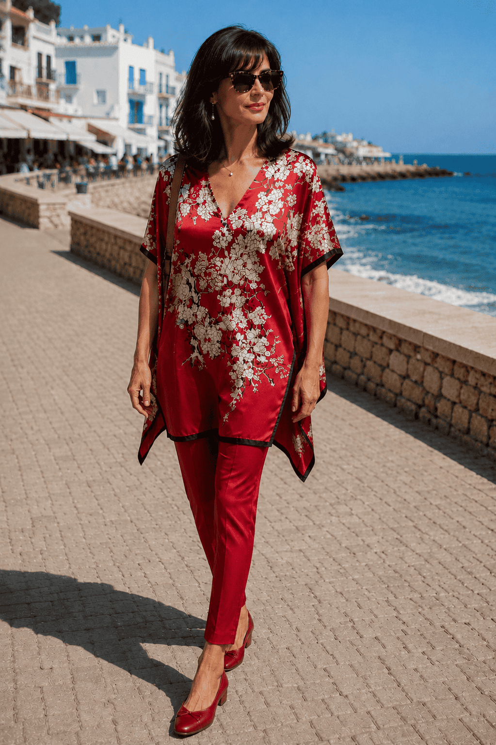 Caftan de seda estrecho rojo con flores beige para playa, aclle y fiesta de Julunggul