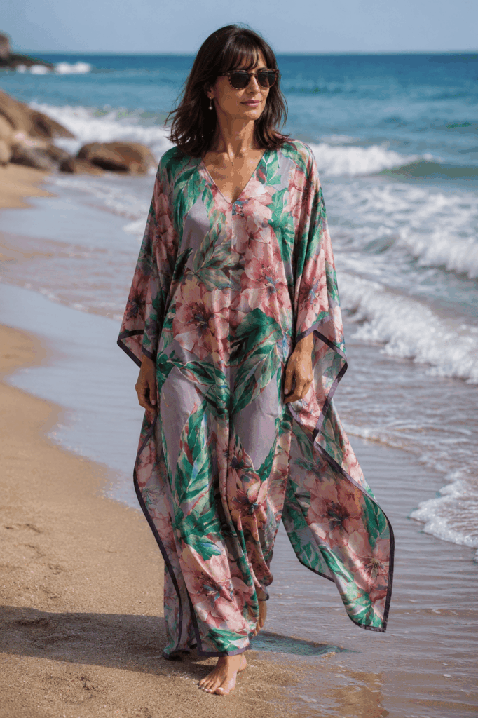 Caftan largo de playa y fiesta estampado de flores malva, rosa y verde de Julunggul