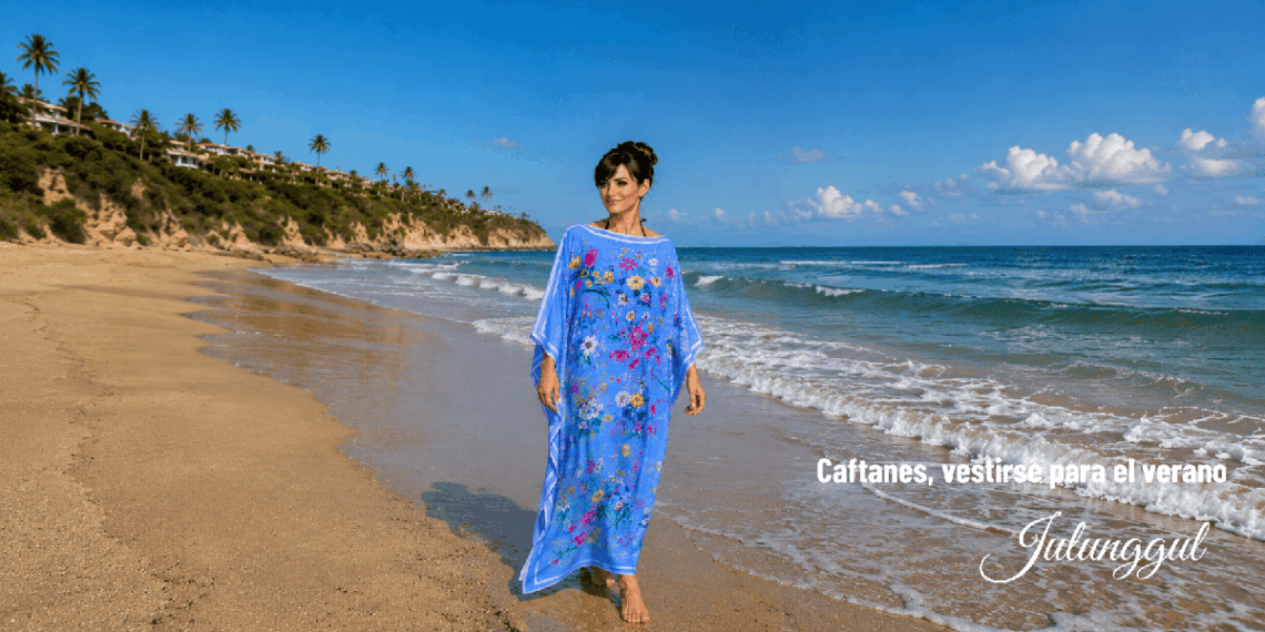 Caftan o kaftan maxi largo de playa o fiesta estampado azul con flores en todas la stallas, exclusivo de Julunggul