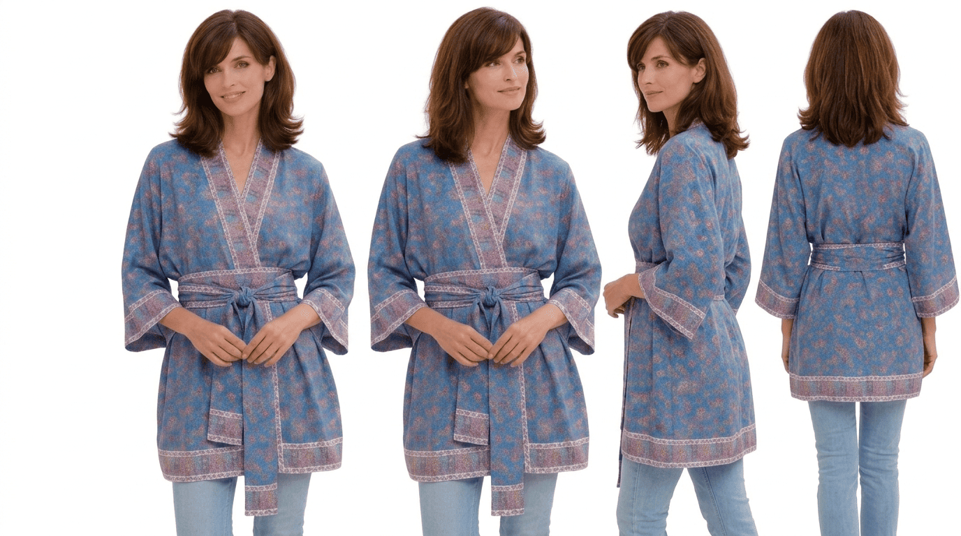 Kimono de semiseda corto a medida azul con cenefas y fajin, exclusivo de Julunggul