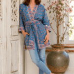 Kimono de semiseda corto a medida con estampado azul con cenefas y fajin, exclusico de Julunggul