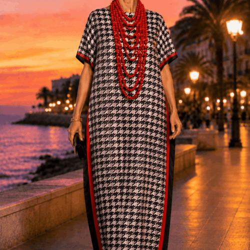 Mujer elegante con caftan de seda largo para fiesta o boda a medida de pata de gallo, manga corta de Julunggul