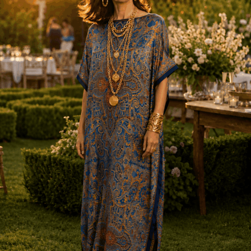 caftan de seda largo para fiesta o boda de verano azul marino con estampado oriental manga corta de Julunggul